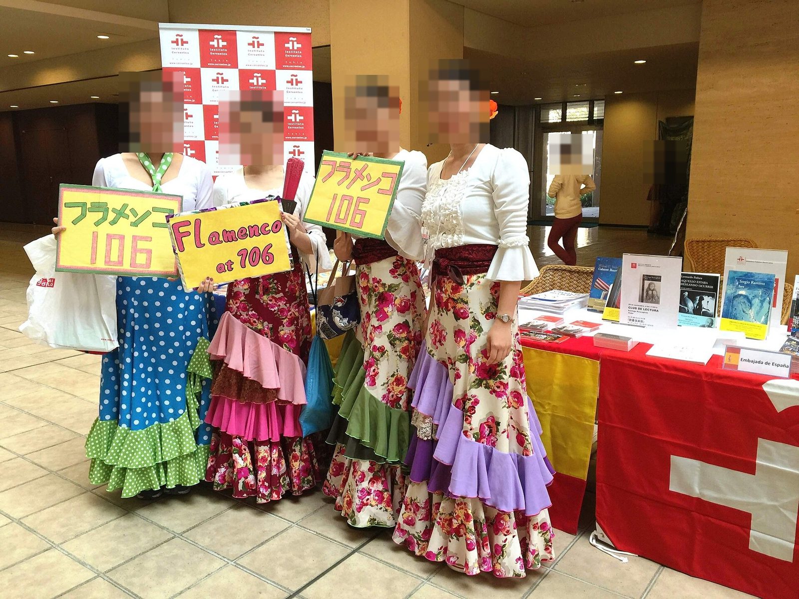 Students in flamenco dresses promoting their show at Gaigosai